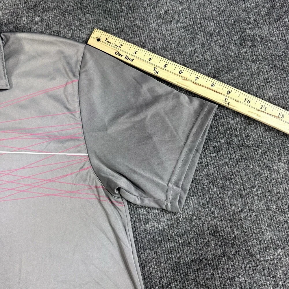 Under Armour Mens Golf Polo Size Small Gray Pink Line Print HeatGear Loose Fit